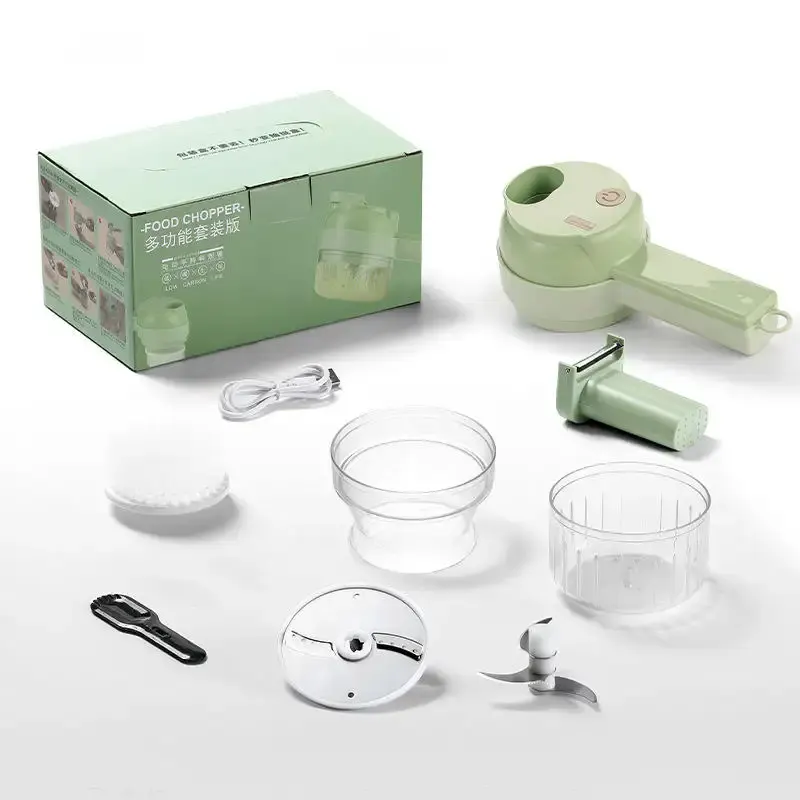 4-in-1 Handheld Electric Vegetable Cutter Set – USB Rechargeable, Durable Kitchen Tool for Chopping, Mashing & Grating