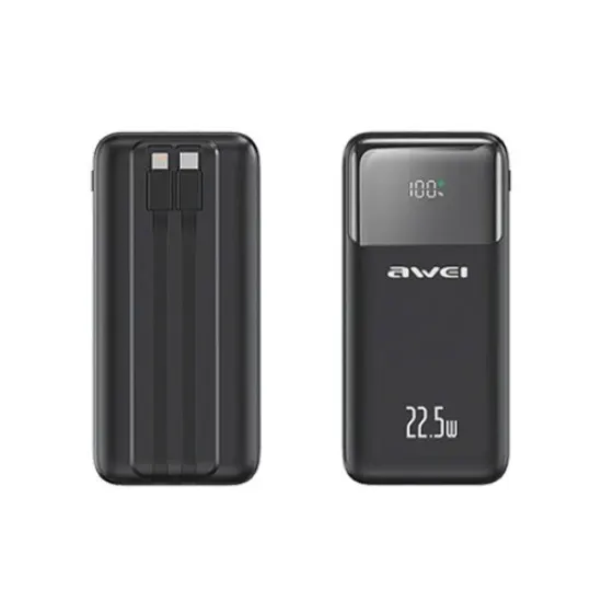 Awei P106K 10000mAh PD22.5W 5-in-1 Power Bank with Built-in Cables, Digital Display, and Fast Charging