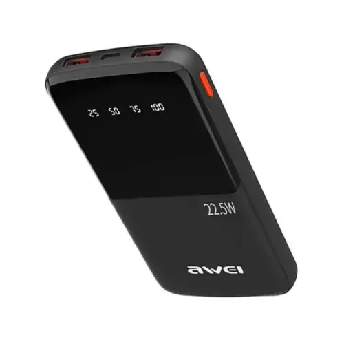 Awei P10K 10000mAh 22.5W Fast Charging Power Bank with Dual USB & Type-C, LED Display, and Compact Design