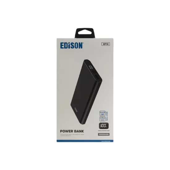 Edison EP-10 10000mAh Power Bank – 37Wh Lithium-Ion Polymer Battery, Micro-USB Input, 5V 2.1A Output