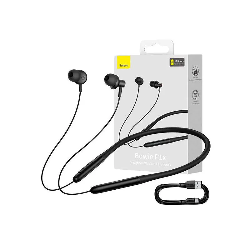 Baseus Bowie P1x Neckband Wireless Earphones – Bluetooth 5.3, 25H Playtime, IPX4 Water Resistant, 10mm Driver, Lightweight Design – Black