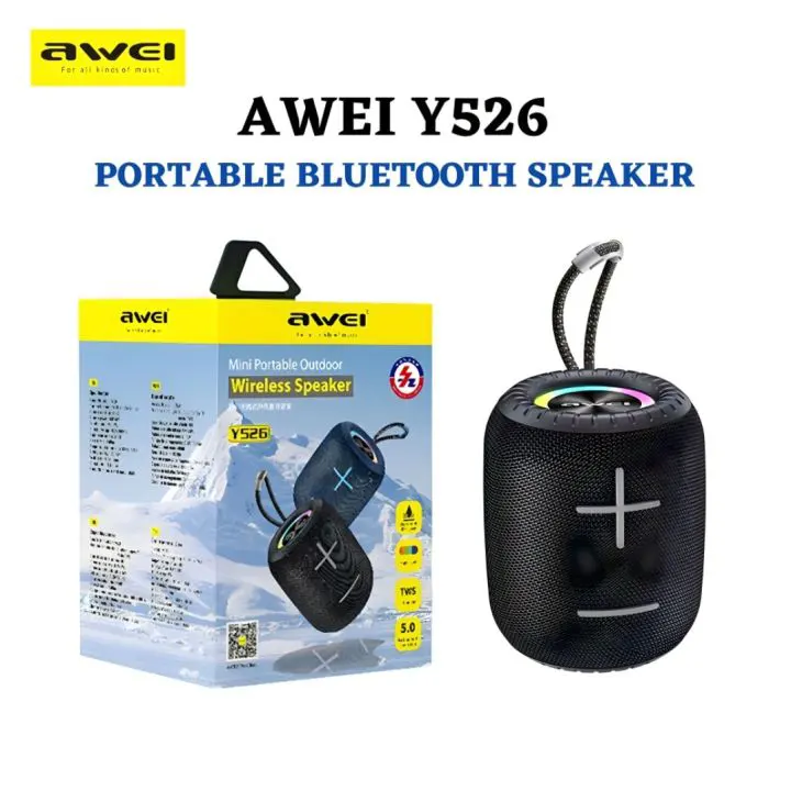Awei Y526 Portable Wireless Bluetooth Speaker – Waterproof, RGB Lights, 5.0 Bluetooth, 6H Playtime, Compact Design
